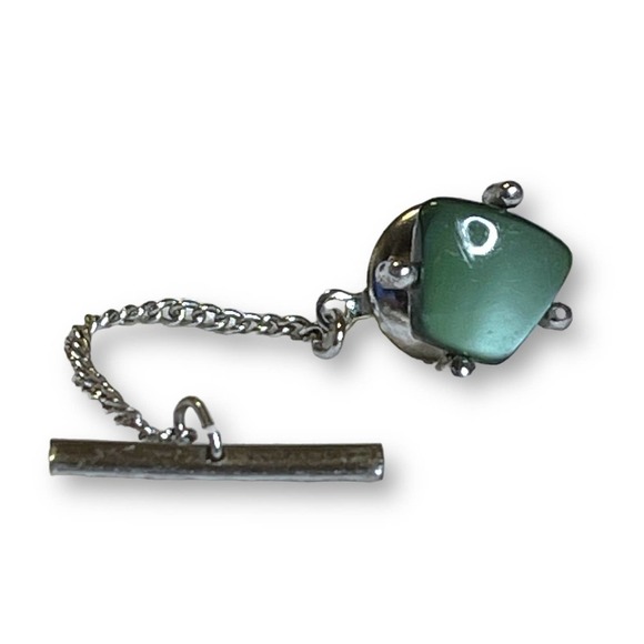 Sarah Coventry Vintage Silver Tone Tie Tack with Green Moonglow Lucite - Picture 2 of 7